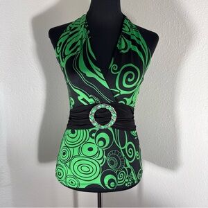 Y2K fitted halter top wide band  size small medium stretchy V-neck flattering